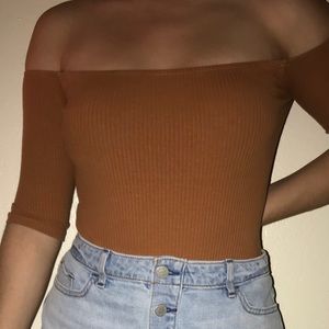 Orange ribbed off-shoulder bodysuit